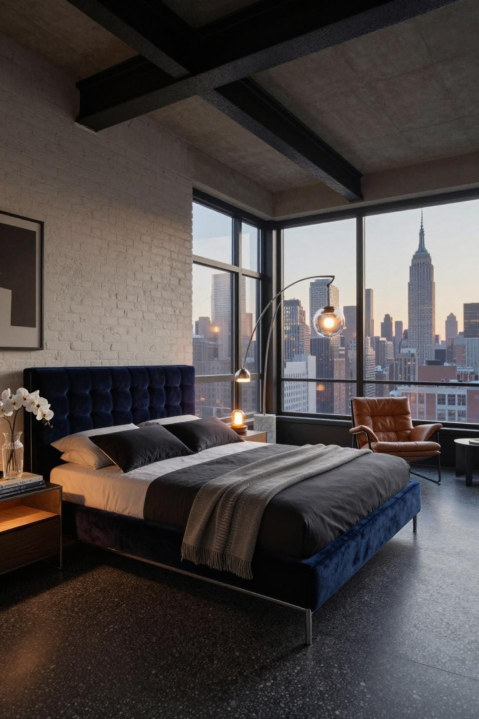 NYC apartment aesthetic bedroom with book-matched walnut and marble nightstands
