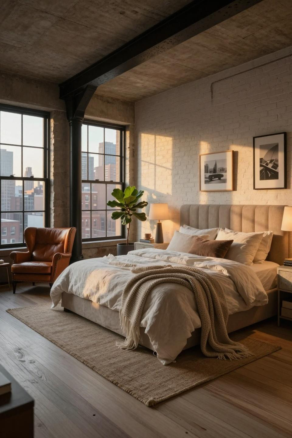 New York style bedroom with reclaimed wood accent wall and industrial lighting