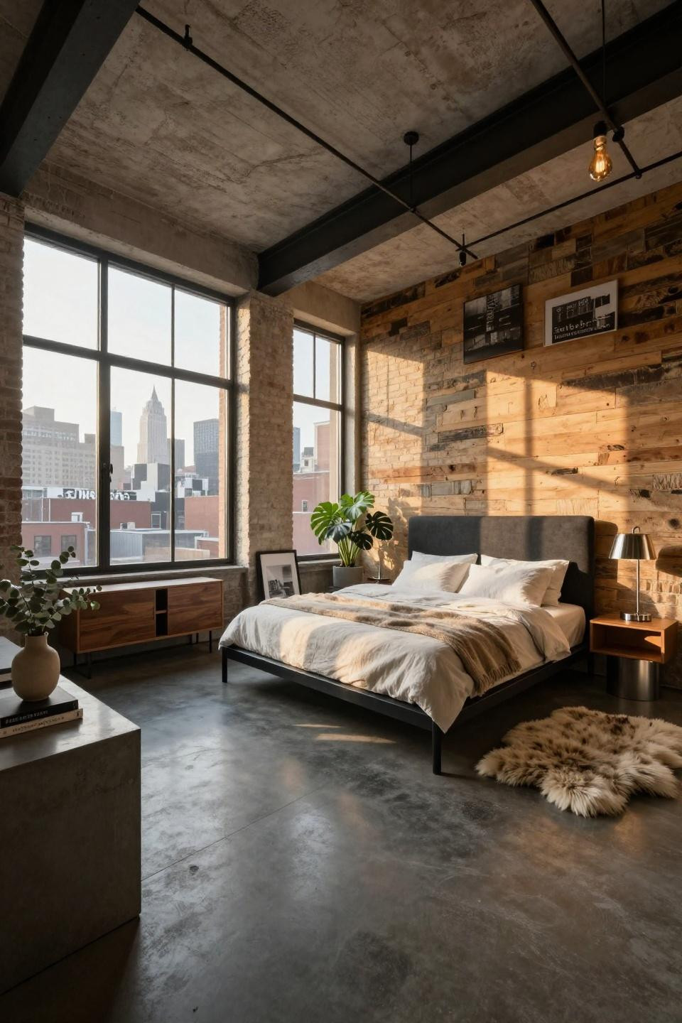 Small NYC bedroom with integrated steel bed frame and skyline views