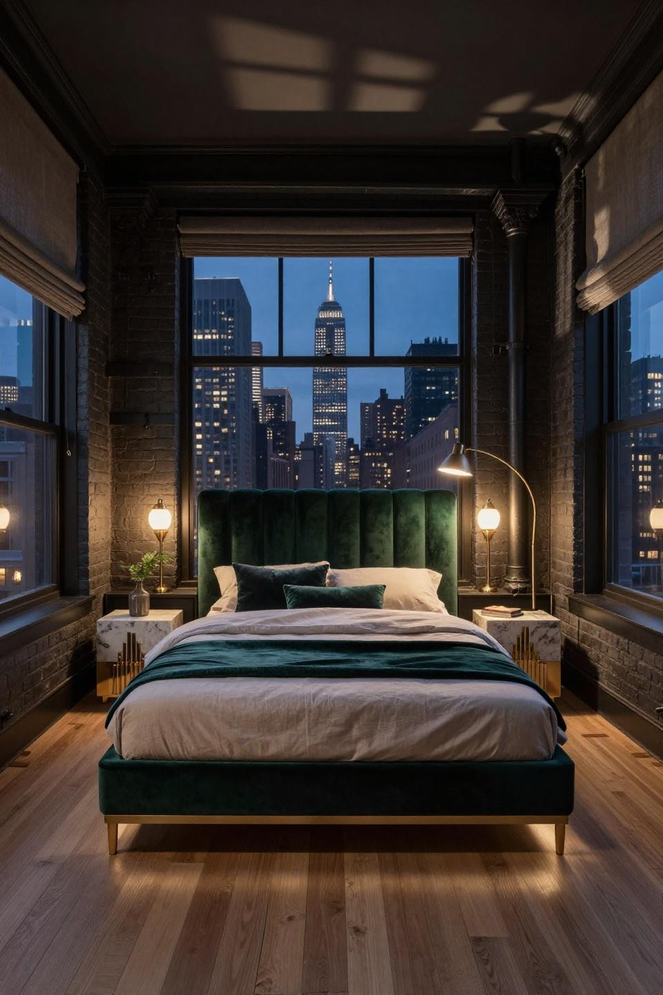 City apartment bedroom with polished concrete wall and emerald velvet headboard
