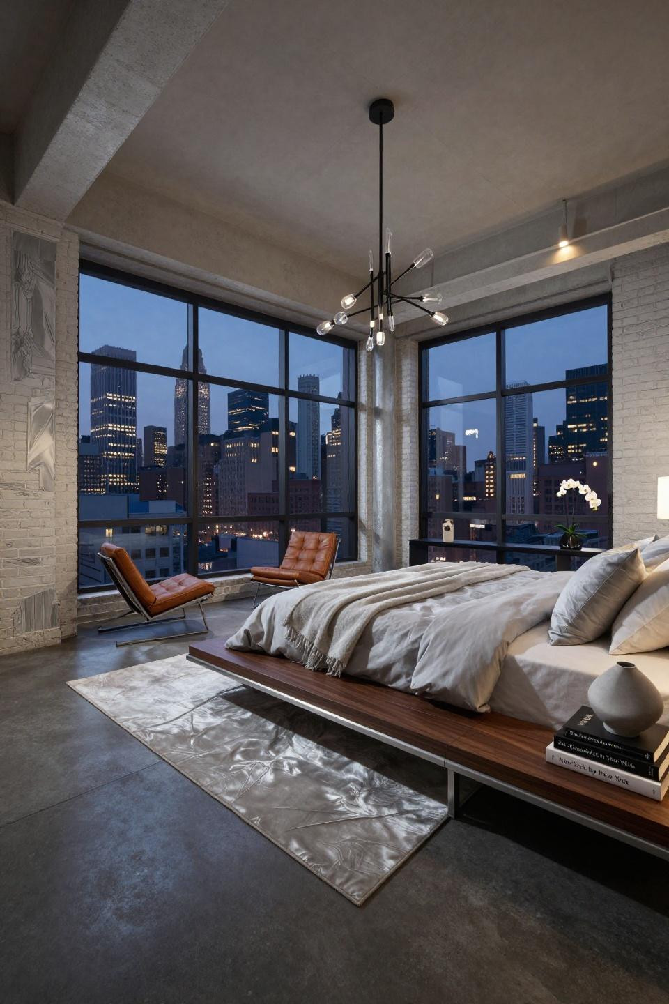 NYC apartment aesthetic bedroom with travertine platform bed and Manhattan views