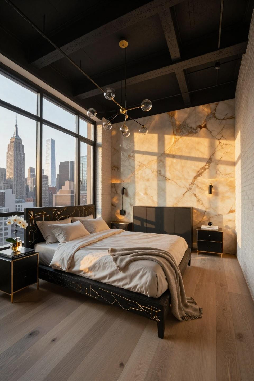 New York room aesthetic with backlit onyx panels and custom ebony bed