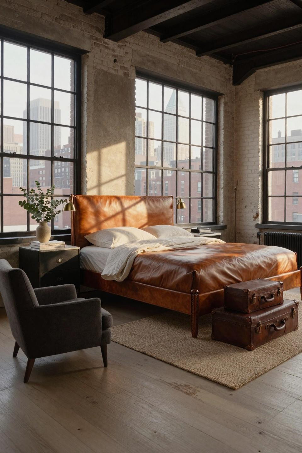 NYC bedroom ideas featuring saddle leather bed in Tribeca loft with skyline views