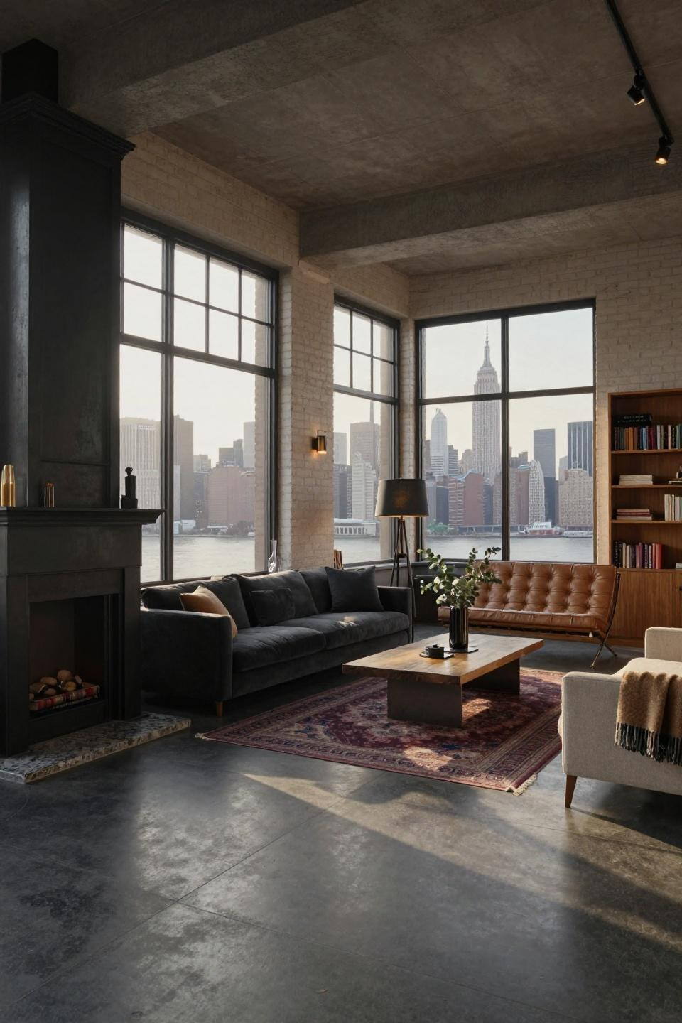 NYC apartment interior with blackened steel fireplace and floor-to-ceiling bookshelves