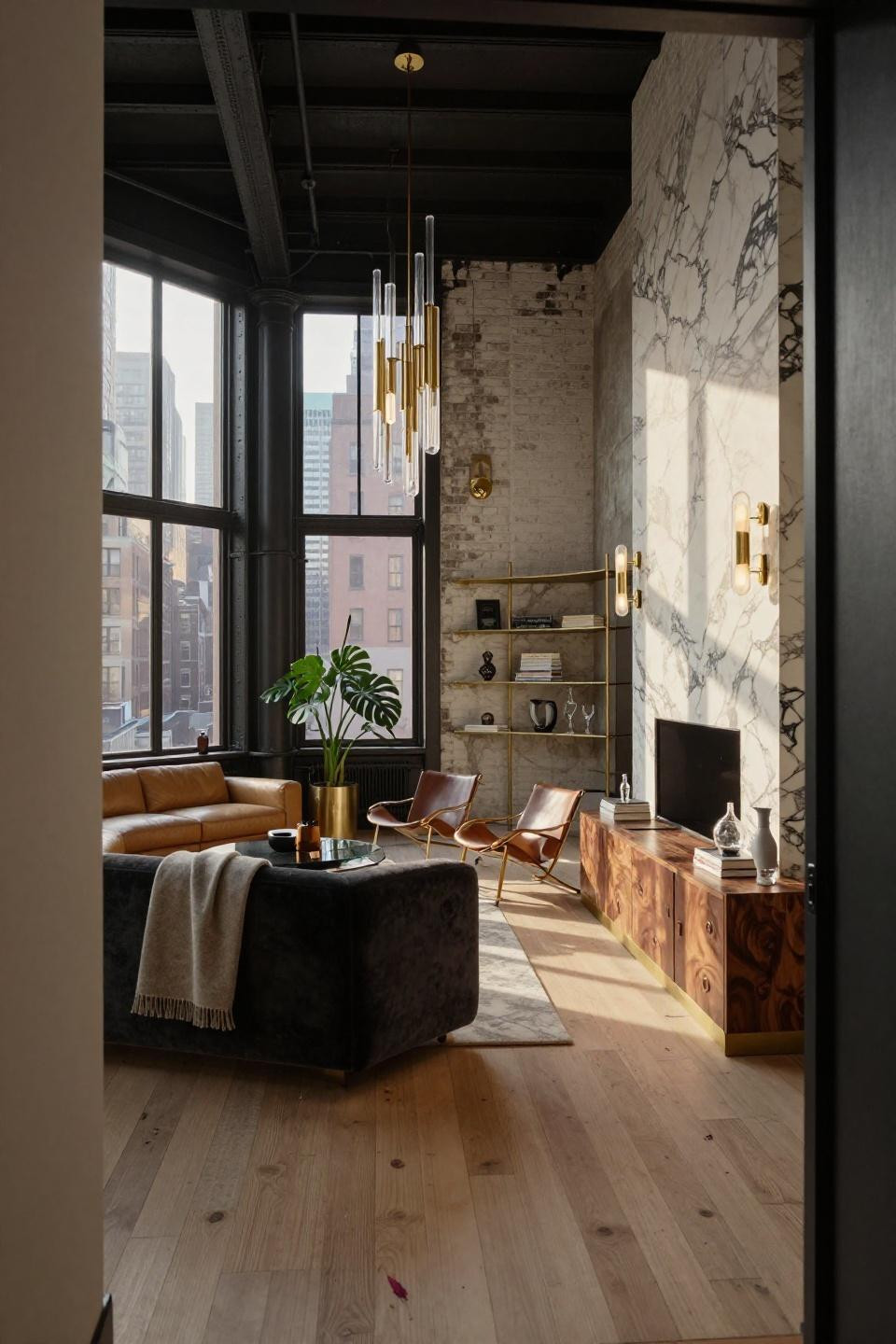 NYC apartment interior with Calacatta Gold marble fireplace and brass shelving