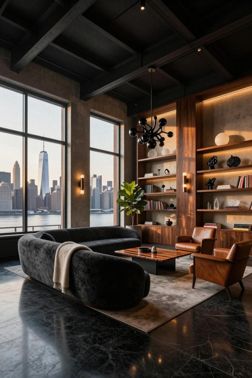 NYC apartment interior with Christian Liaigre sculptural sofa and mahogany shelving