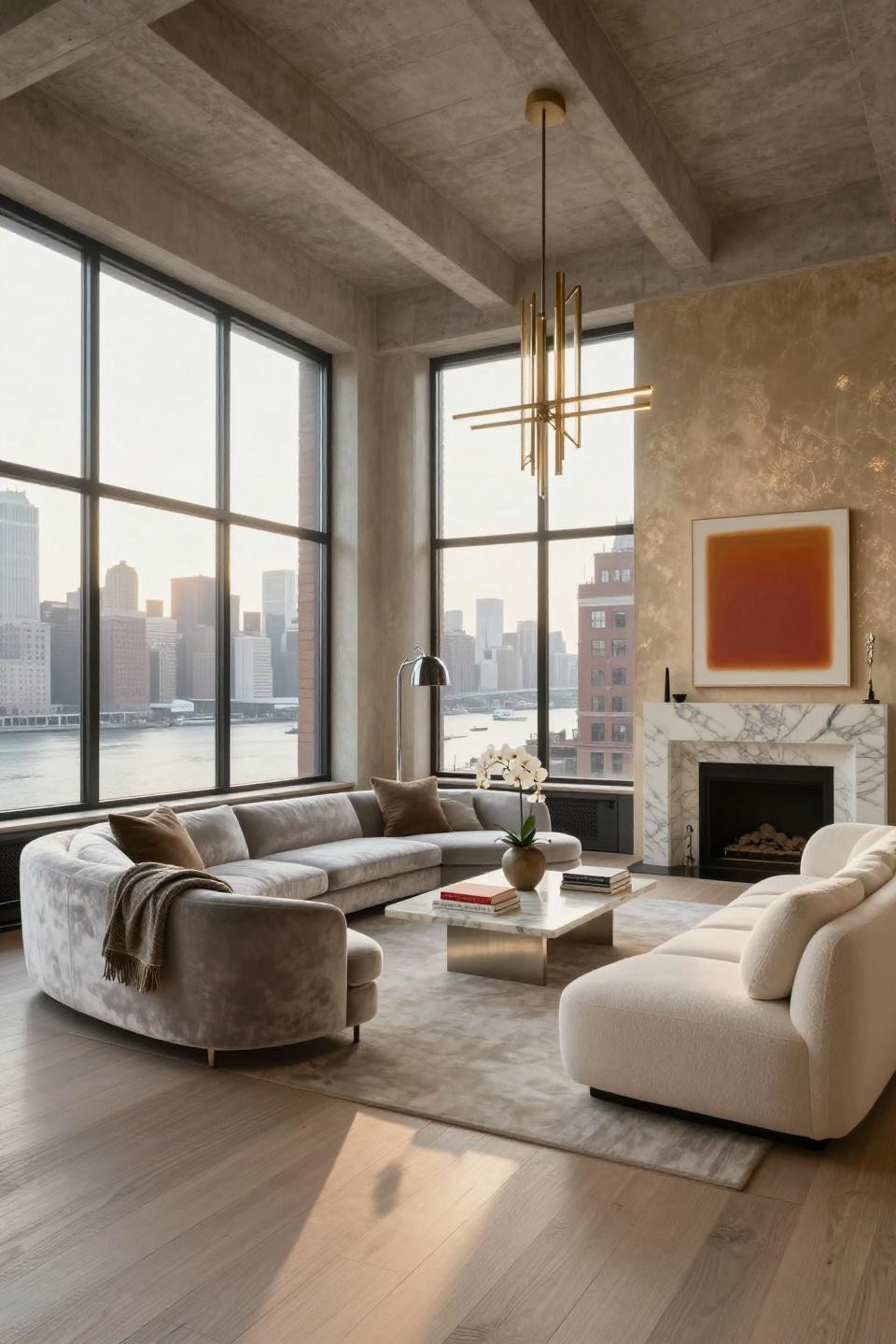 Cozy New York apartment with floor-to-ceiling gallery wall and platinum grey velvet sectional