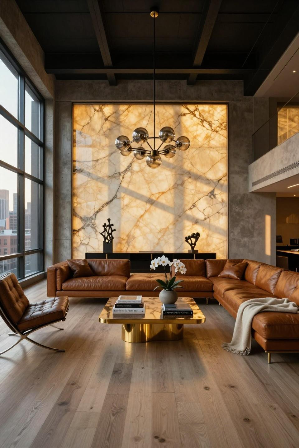 NY apartment aesthetic with backlit honey onyx feature wall and Minotti Williams sectional