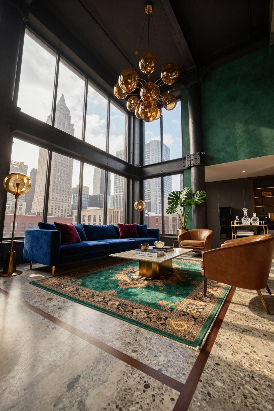 New York apartment interior with Kelly Wearstler custom sectional and travertine flooring