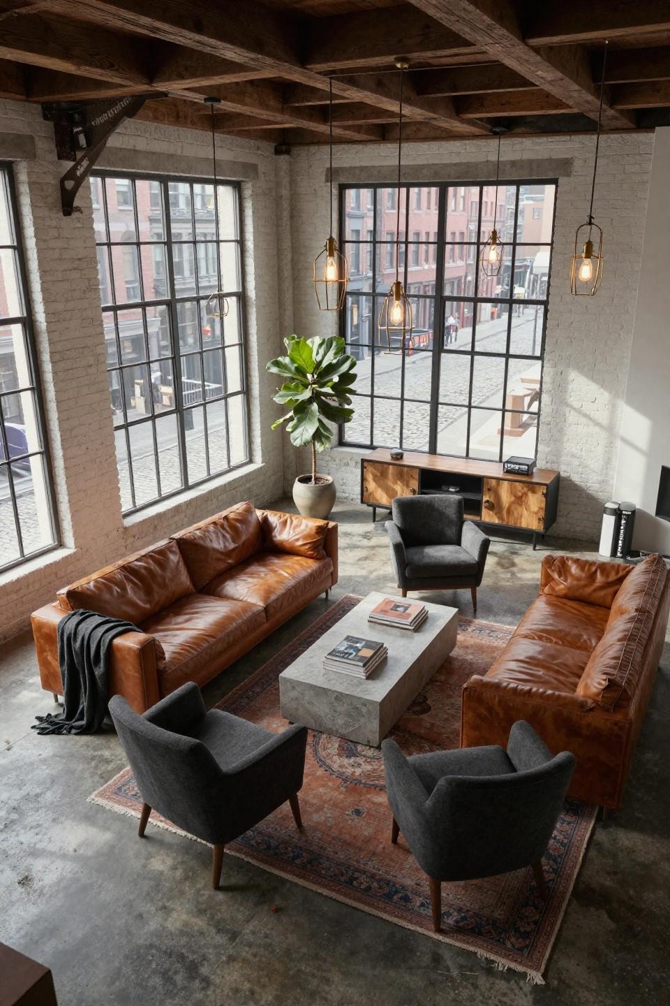 Modern New York apartment with BDDW leather sofa and industrial lighting