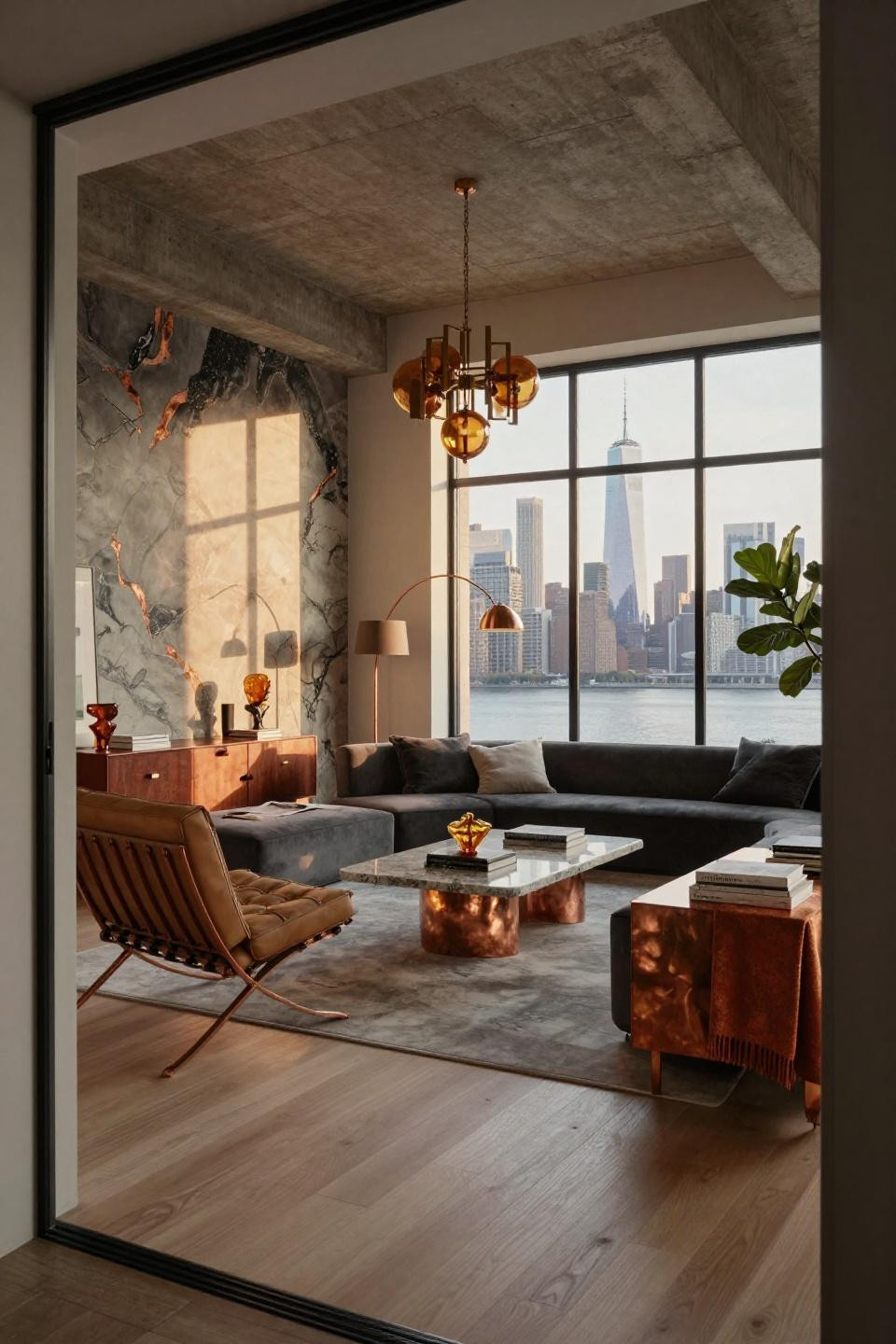 New York aesthetic apartments featuring quartzite feature wall and Art Deco lighting