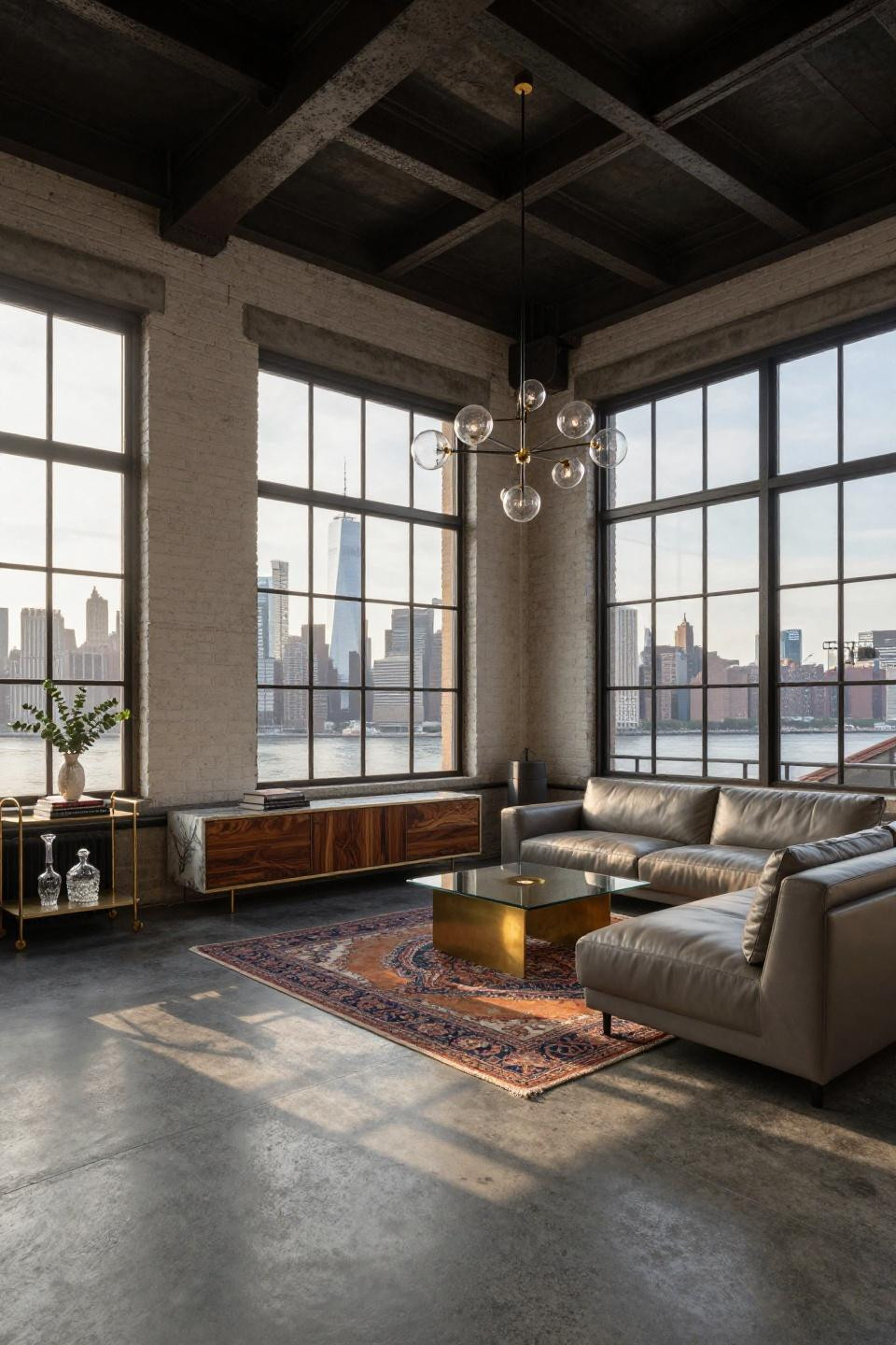 High rise apartment aesthetic with Minotti Andersen sofa and industrial windows