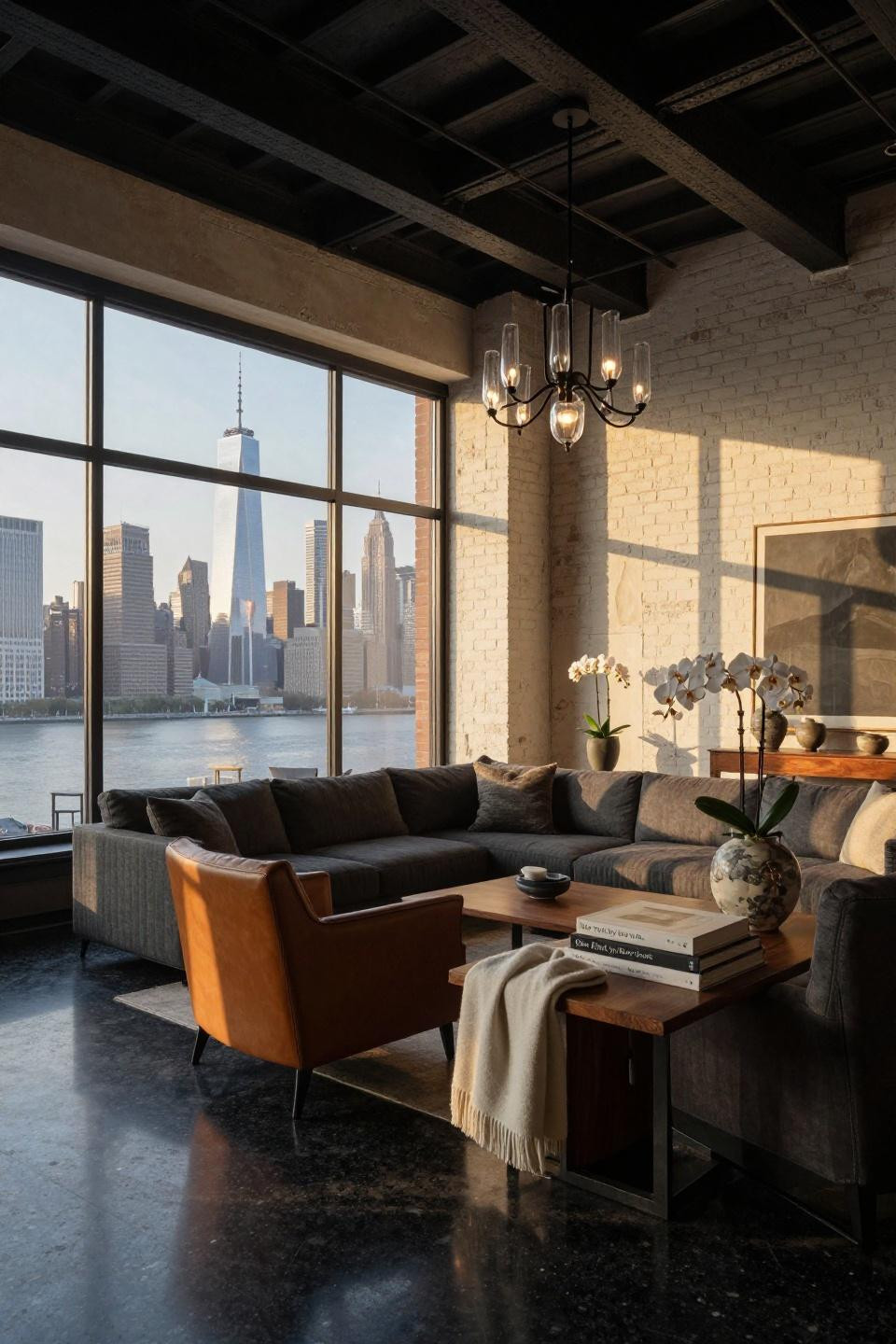 Chicago apartment aesthetic with custom Holly Hunt sectional and exposed brick