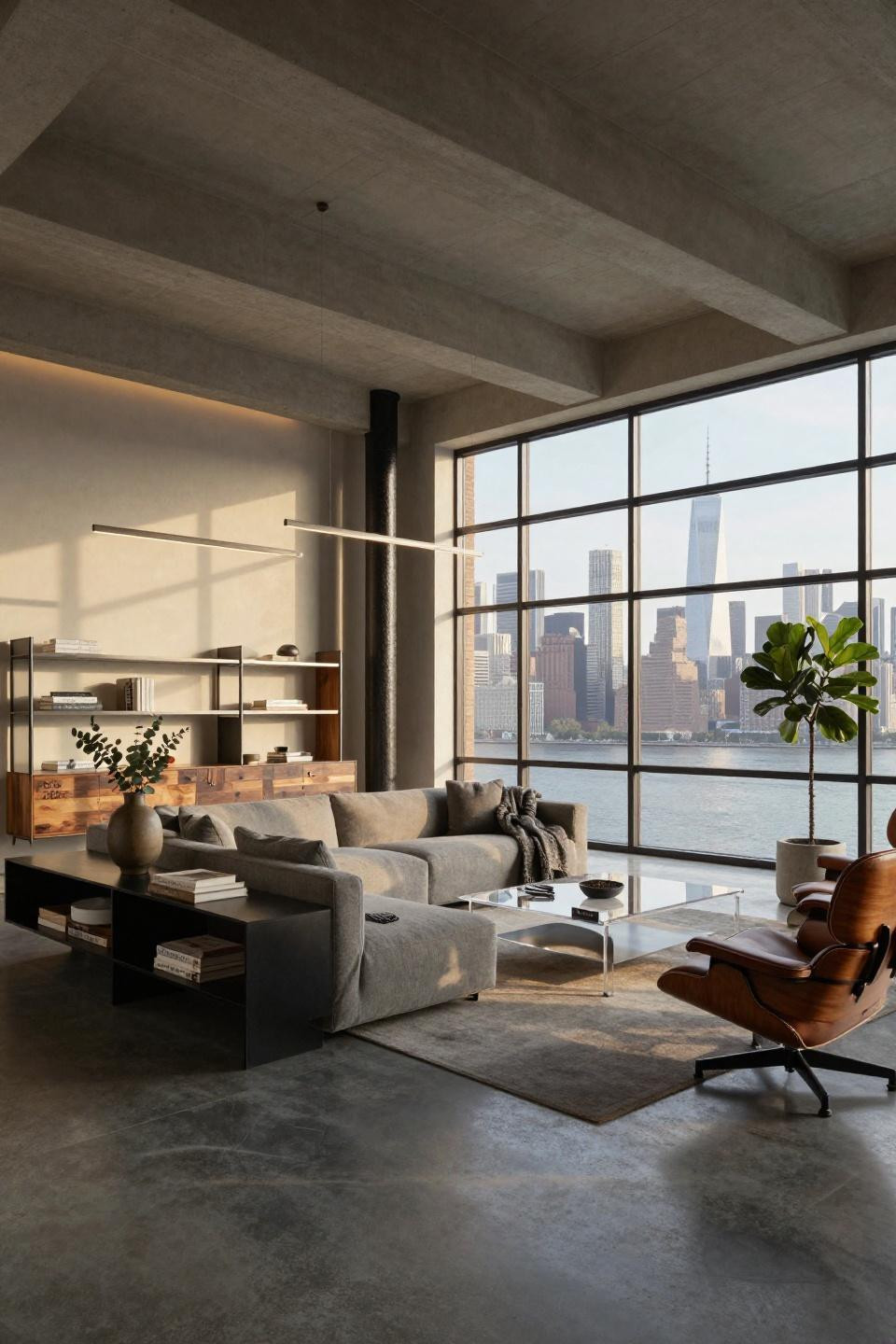NYC apartment interior with floor-to-ceiling steel windows and polished concrete floors