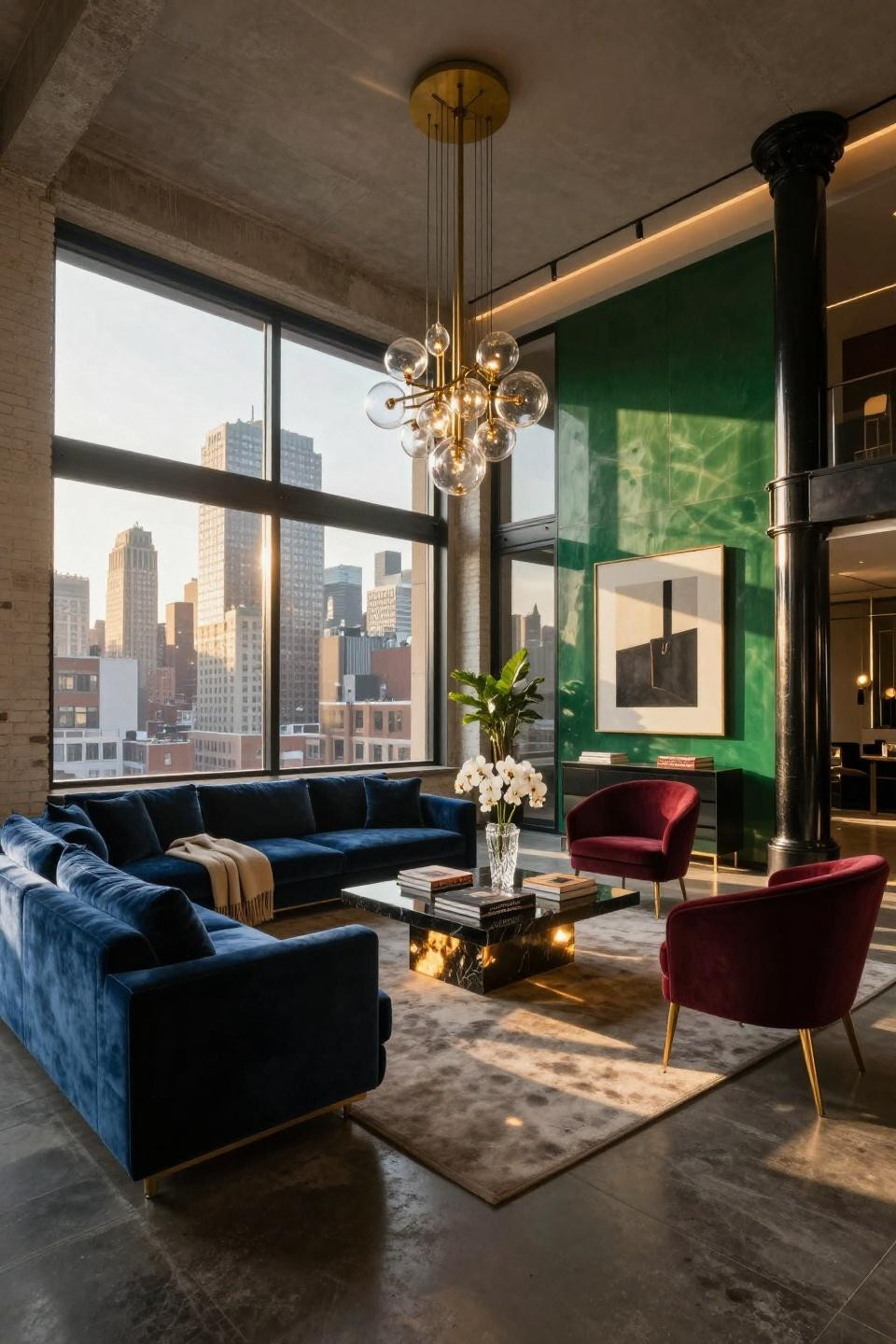 NYC Tribeca penthouse with sapphire velvet Minotti sectional and Apparatus chandelier