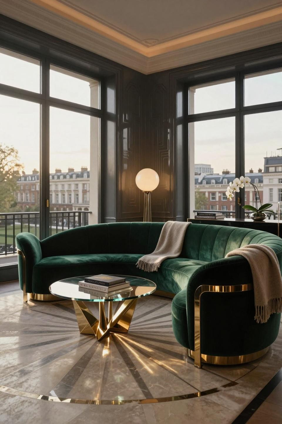 London Kensington penthouse with emerald velvet curved sofa and Baccarat crystal table
