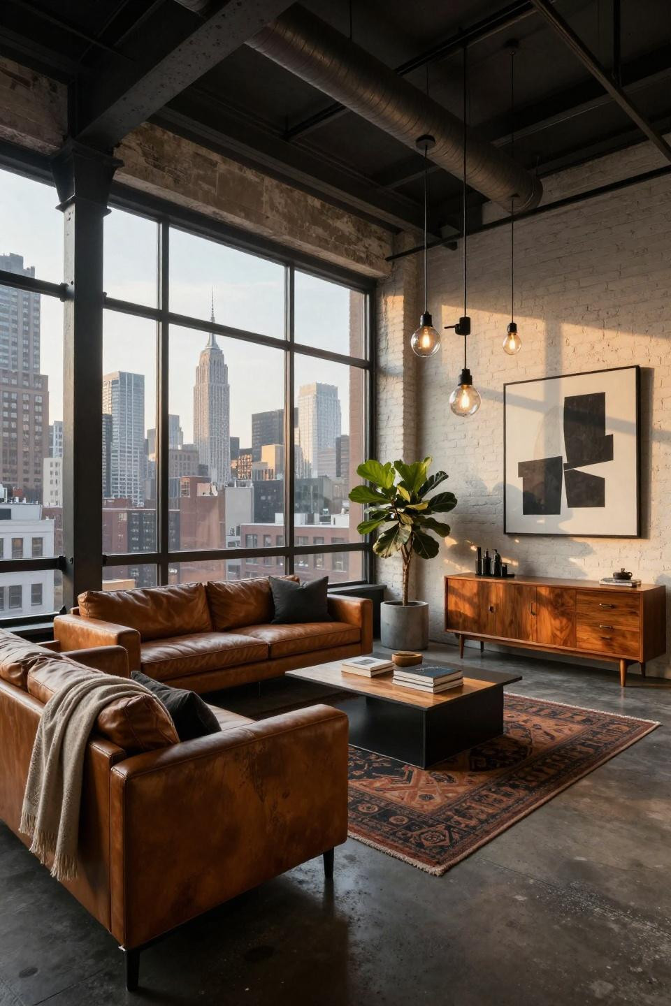 Tribeca loft penthouse with cognac leather BDDW sofa and exposed steel beams