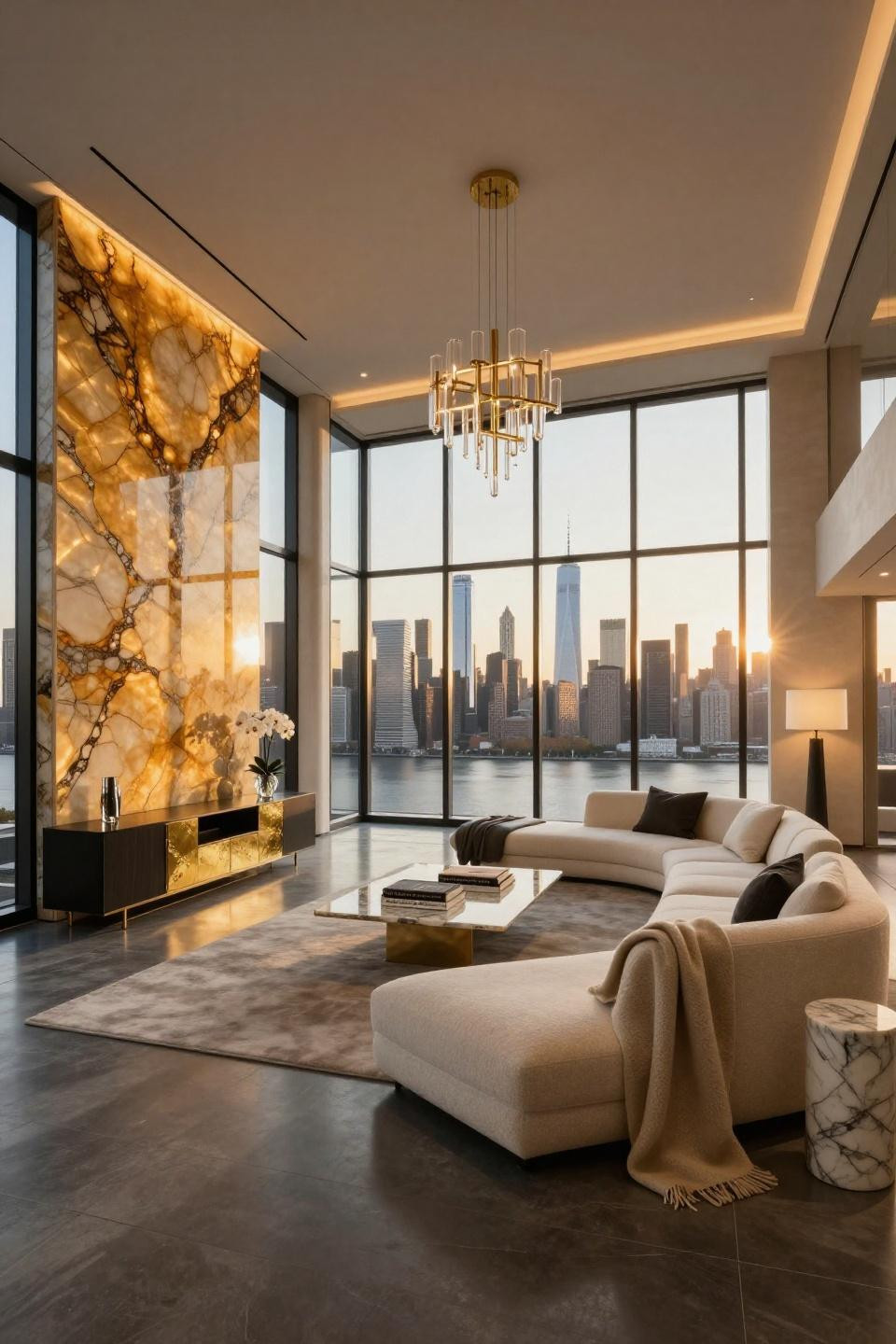 Modern minimalist penthouse with backlit honey onyx wall and Minotti sofa
