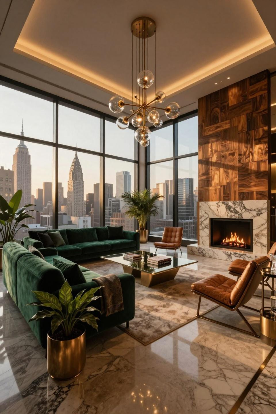 NYC penthouse with travertine flooring and brushed bronze fireplace at golden hour