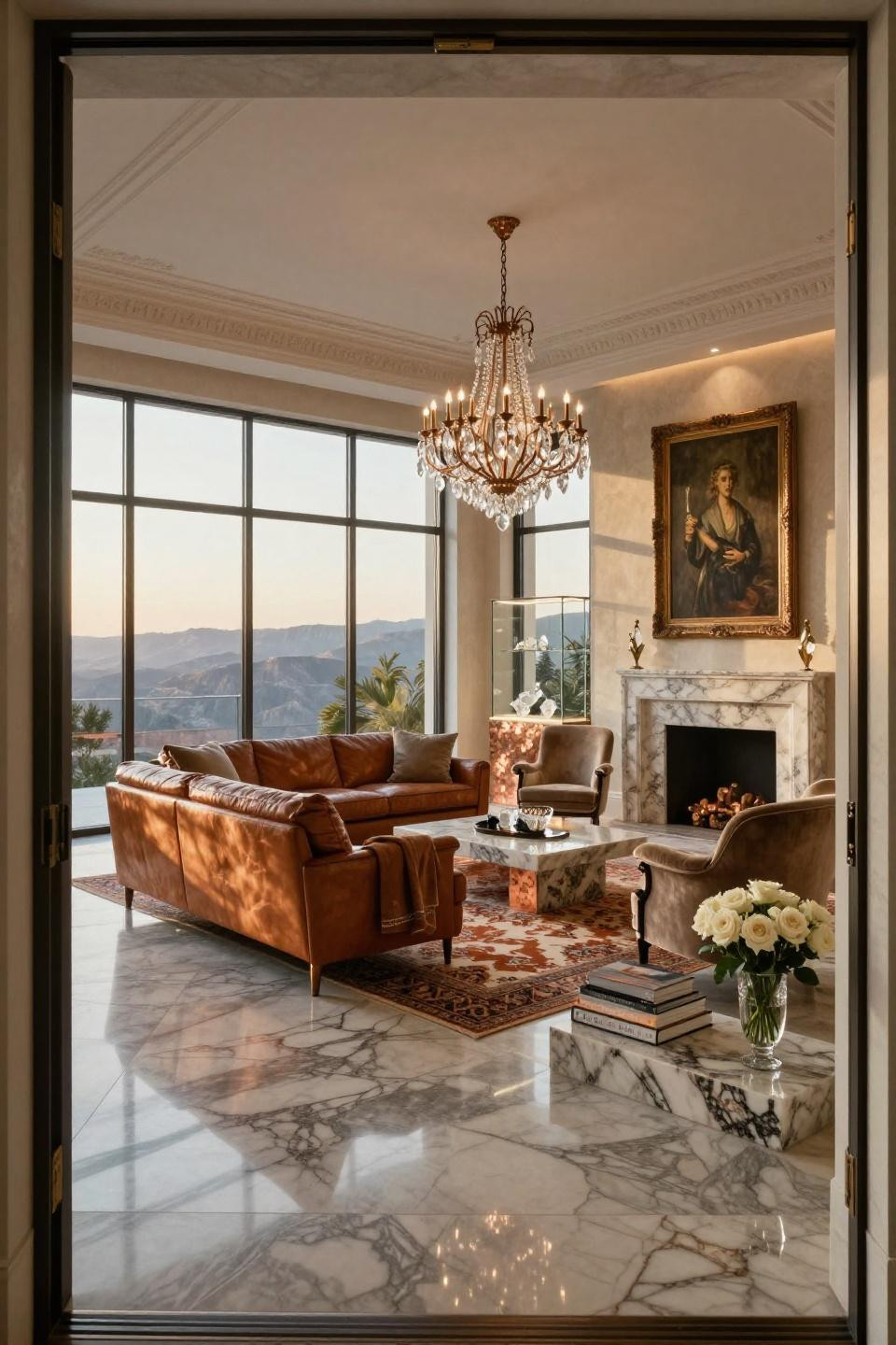 Beverly Hills penthouse with book-matched quartzite flooring and Baccarat Zenith chandelier