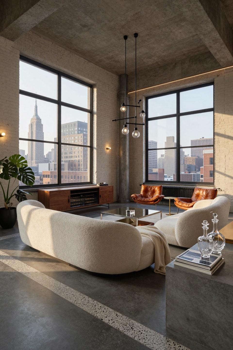 Small Tribeca loft penthouse with ivory bouclé B&B Italia sofa and exposed brick walls