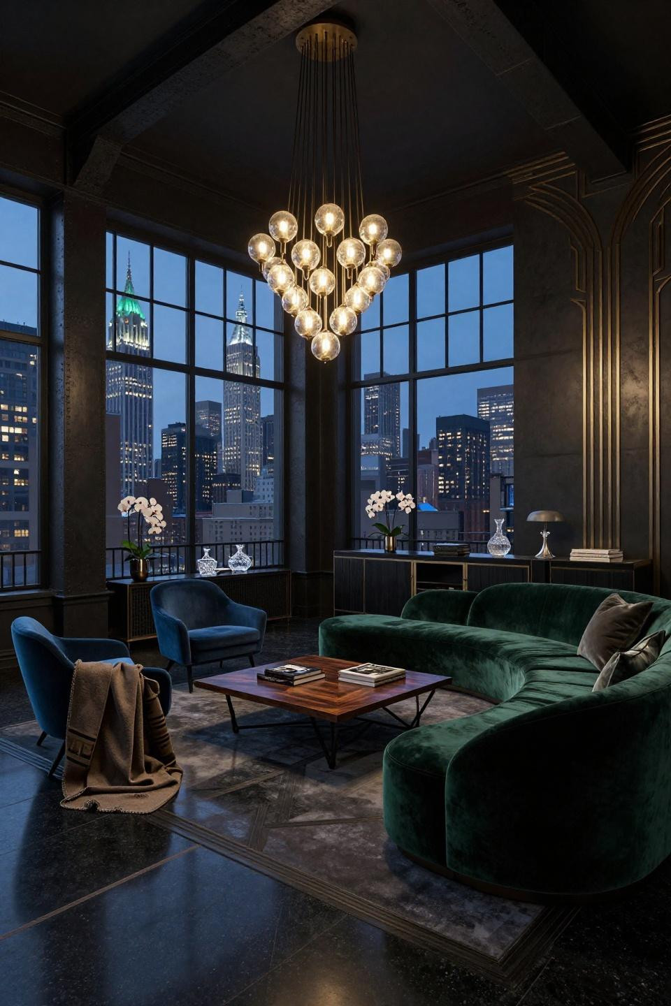 NYC Tribeca penthouse living room with emerald Minotti sofa and city skyline views at dusk