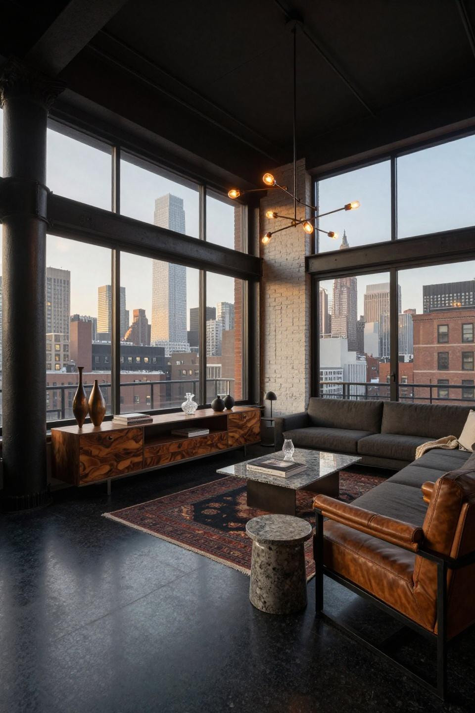 Dark penthouse with walnut burl media console and Manhattan skyline views