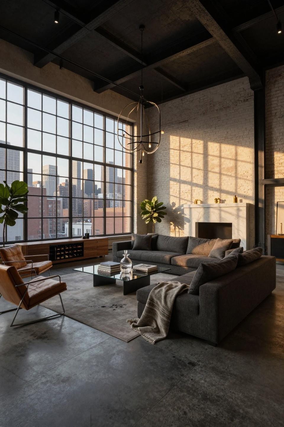 Dark penthouse with charcoal linen sectional and Calacatta marble fireplace