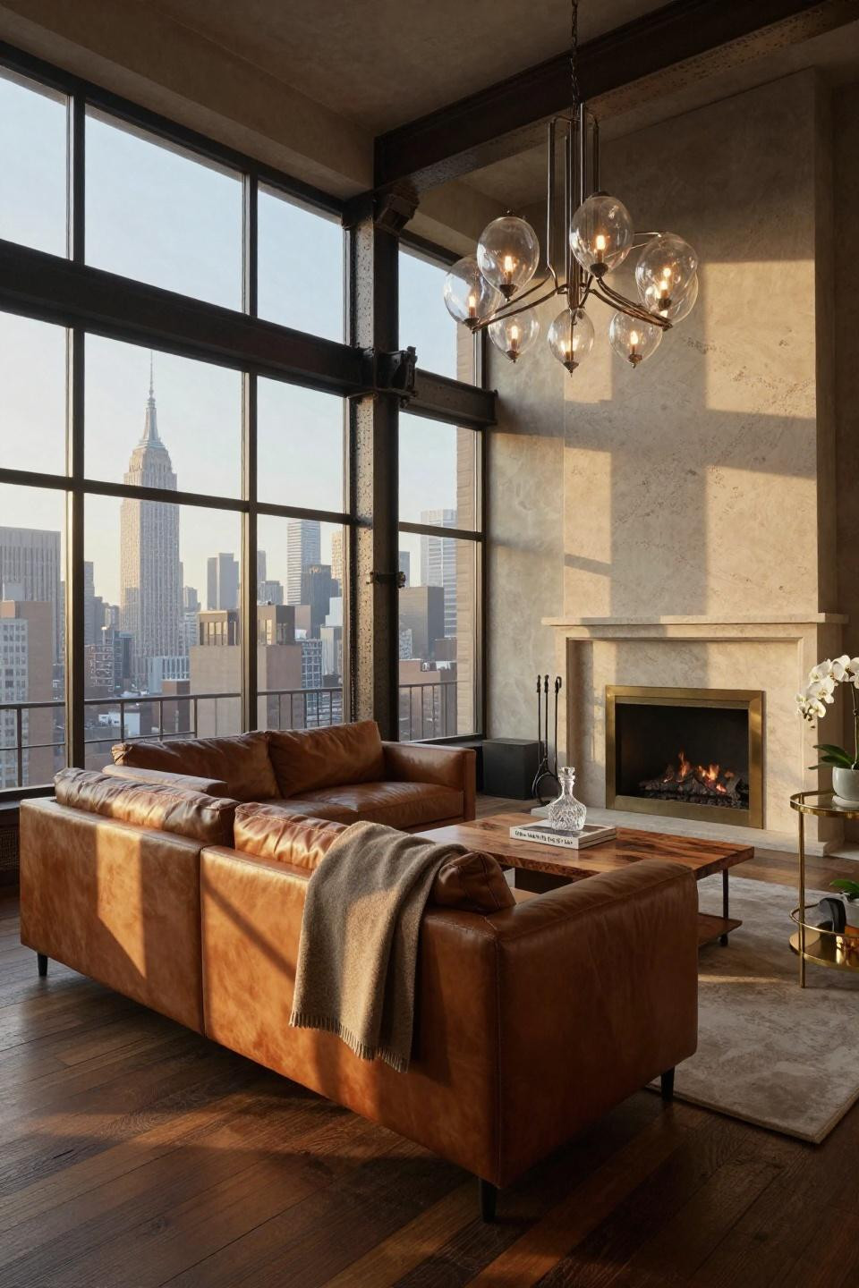Dark penthouse with cognac leather sectional and Venetian plaster walls
