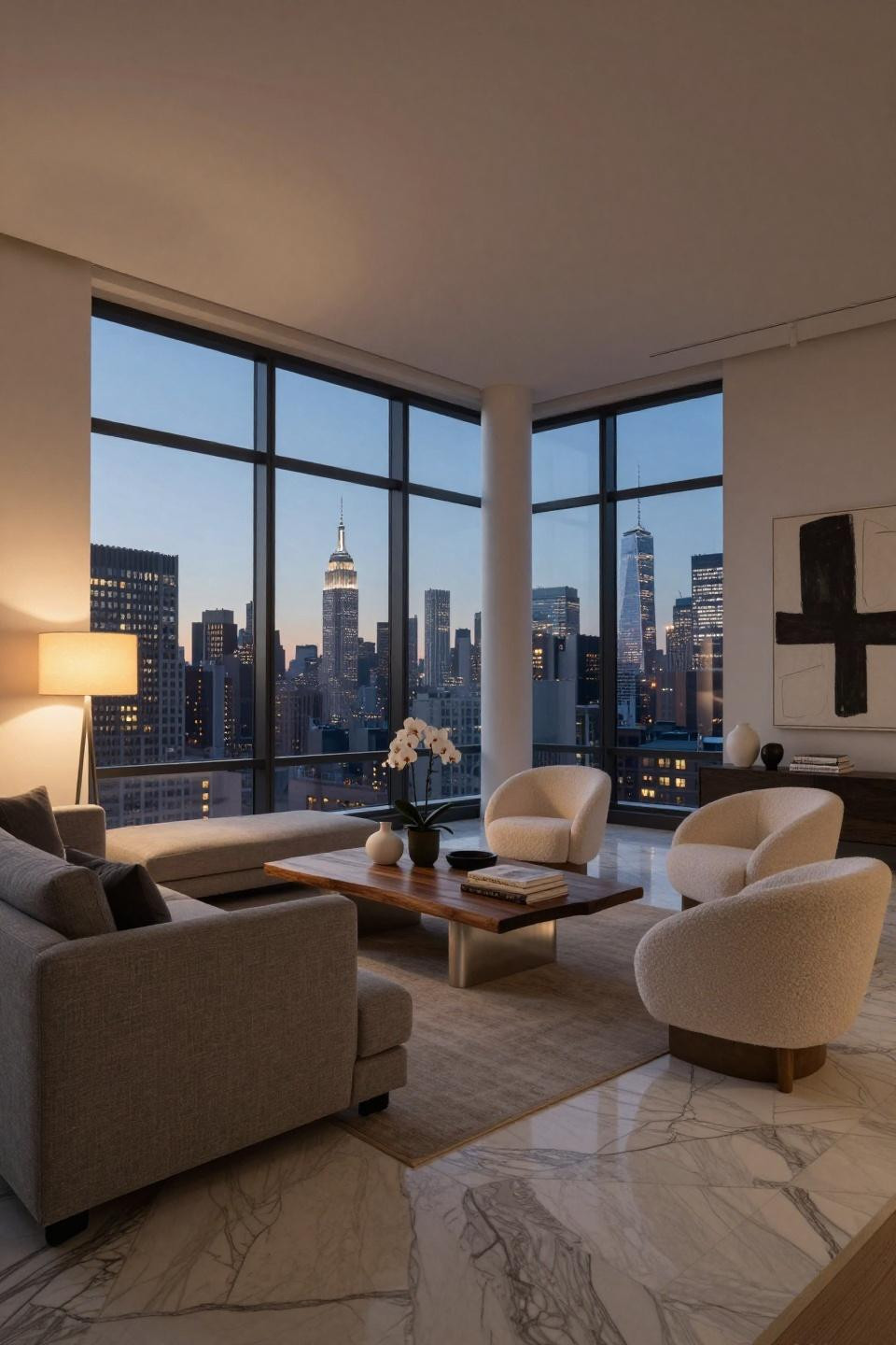 Dark penthouse with Calacatta-inspired porcelain flooring and grey Belgian linen sectional
