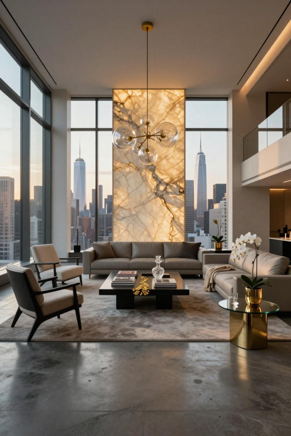 Modern penthouse apartment with backlit onyx wall and 24k gold leaf details