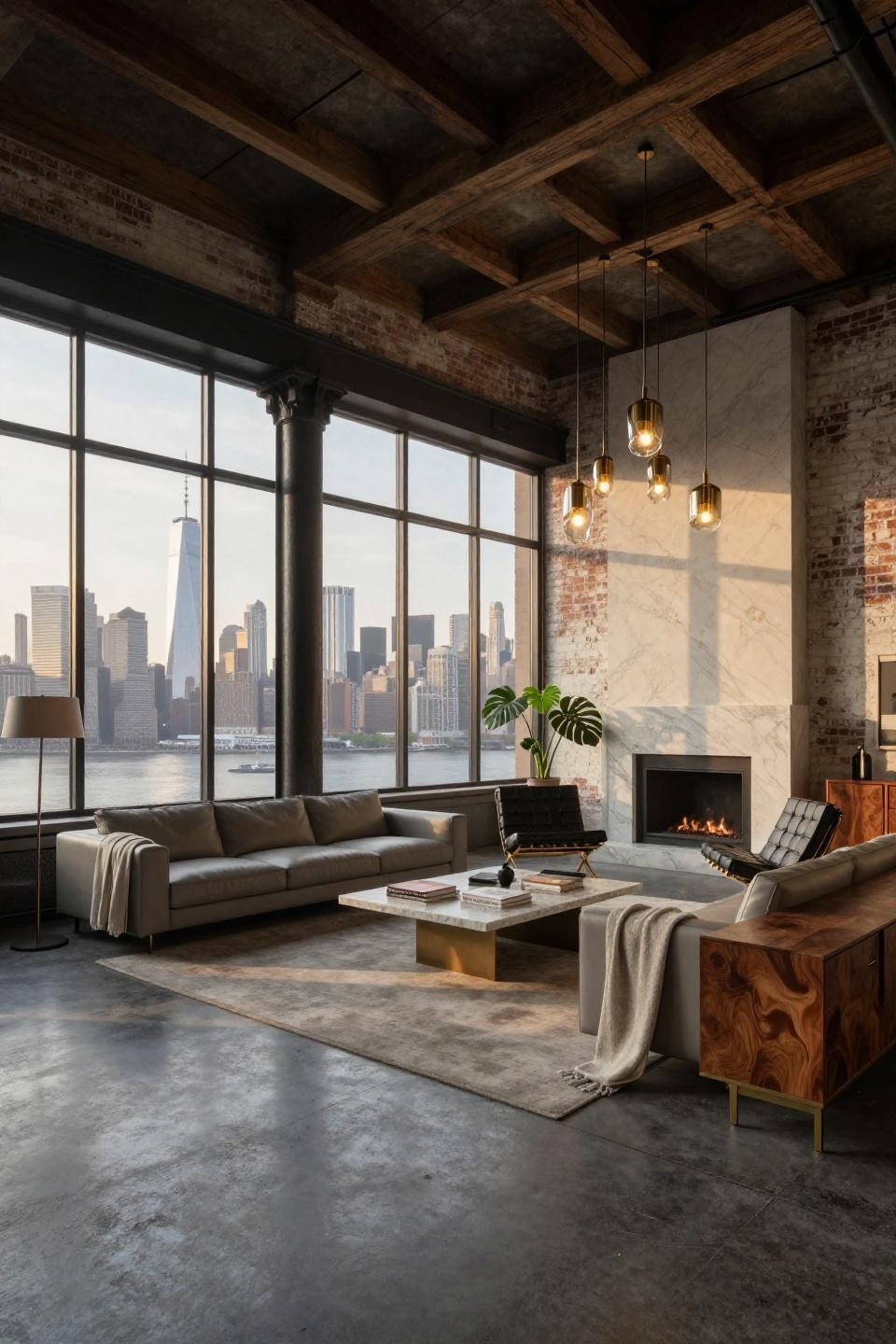 Luxury high rise apartment with travertine coffee table and dove grey leather