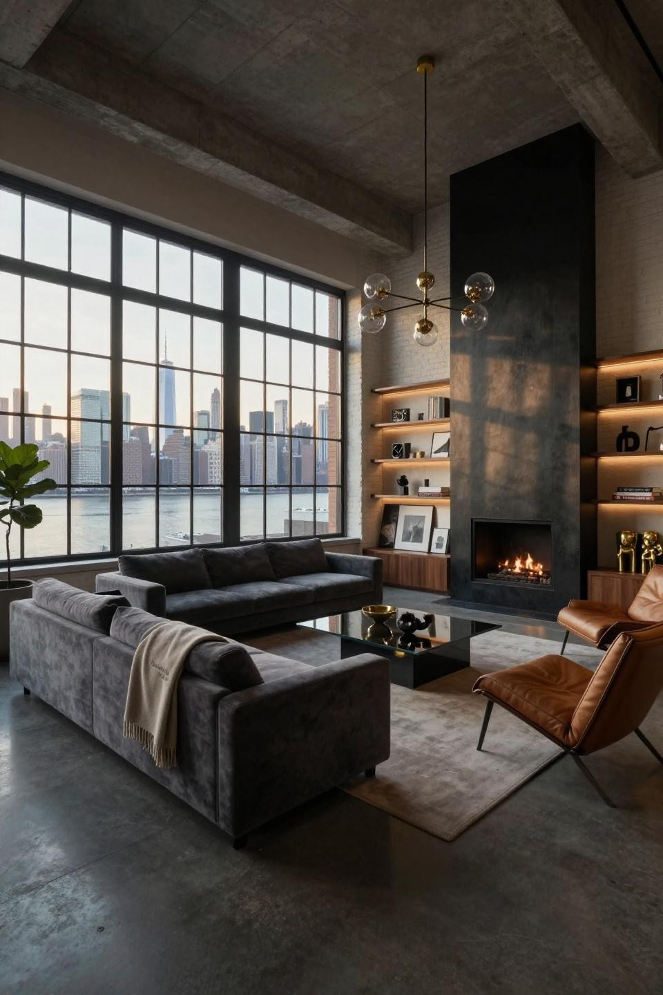 Manhattan apartment luxury with blackened steel fireplace and mohair sectional