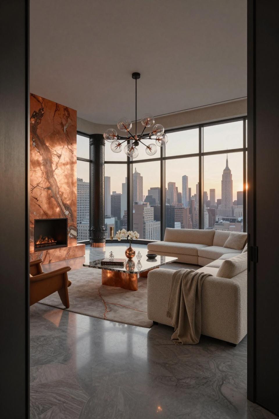 Penthouse New York Manhattan with cantilevered quartzite fireplace