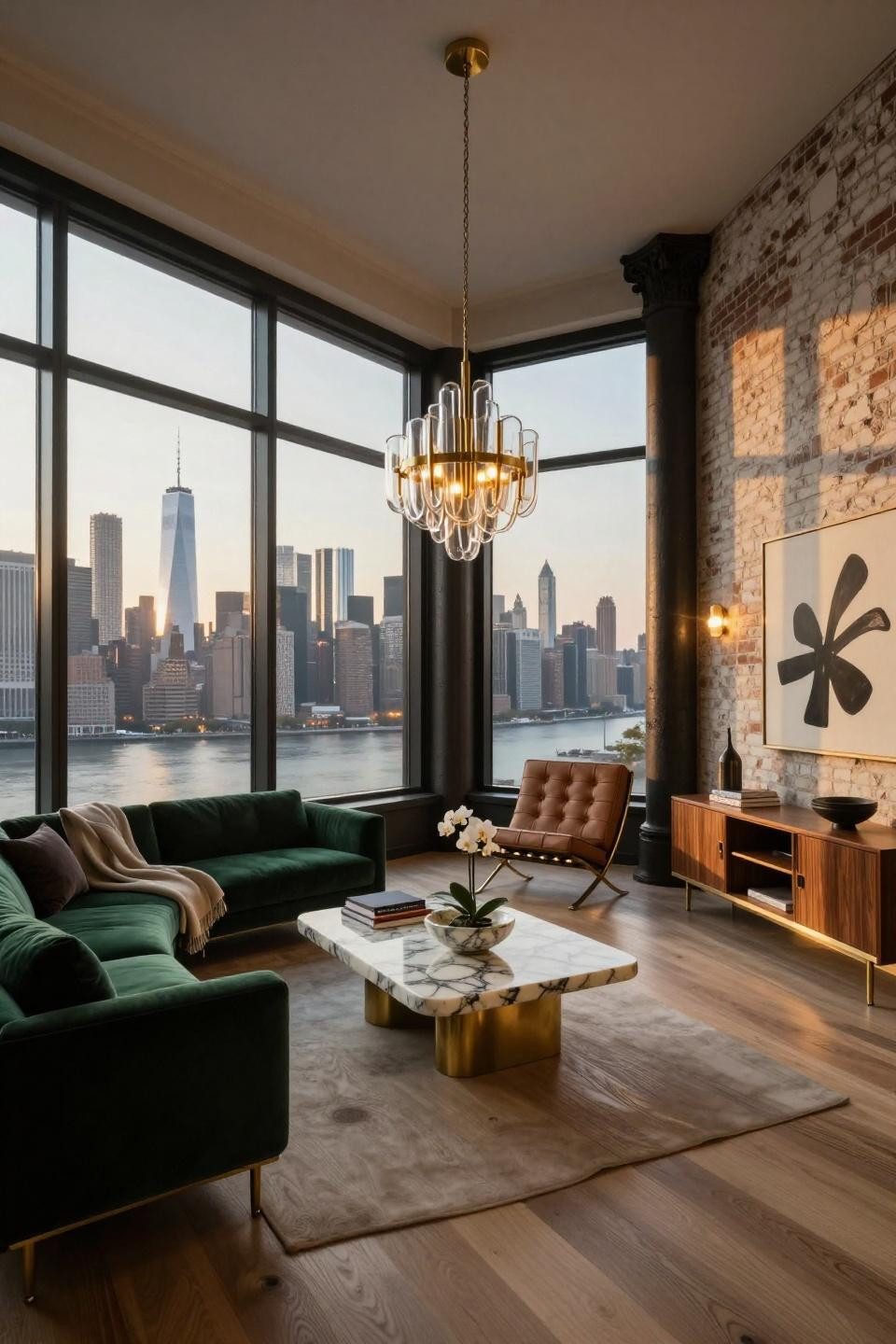 NYC penthouse aesthetic with floor-to-ceiling glass and emerald velvet