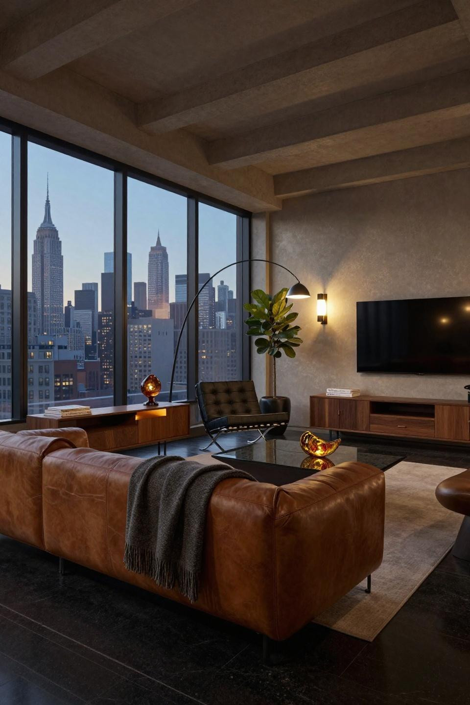 Korean penthouse luxury interior with cognac leather and Venetian plaster