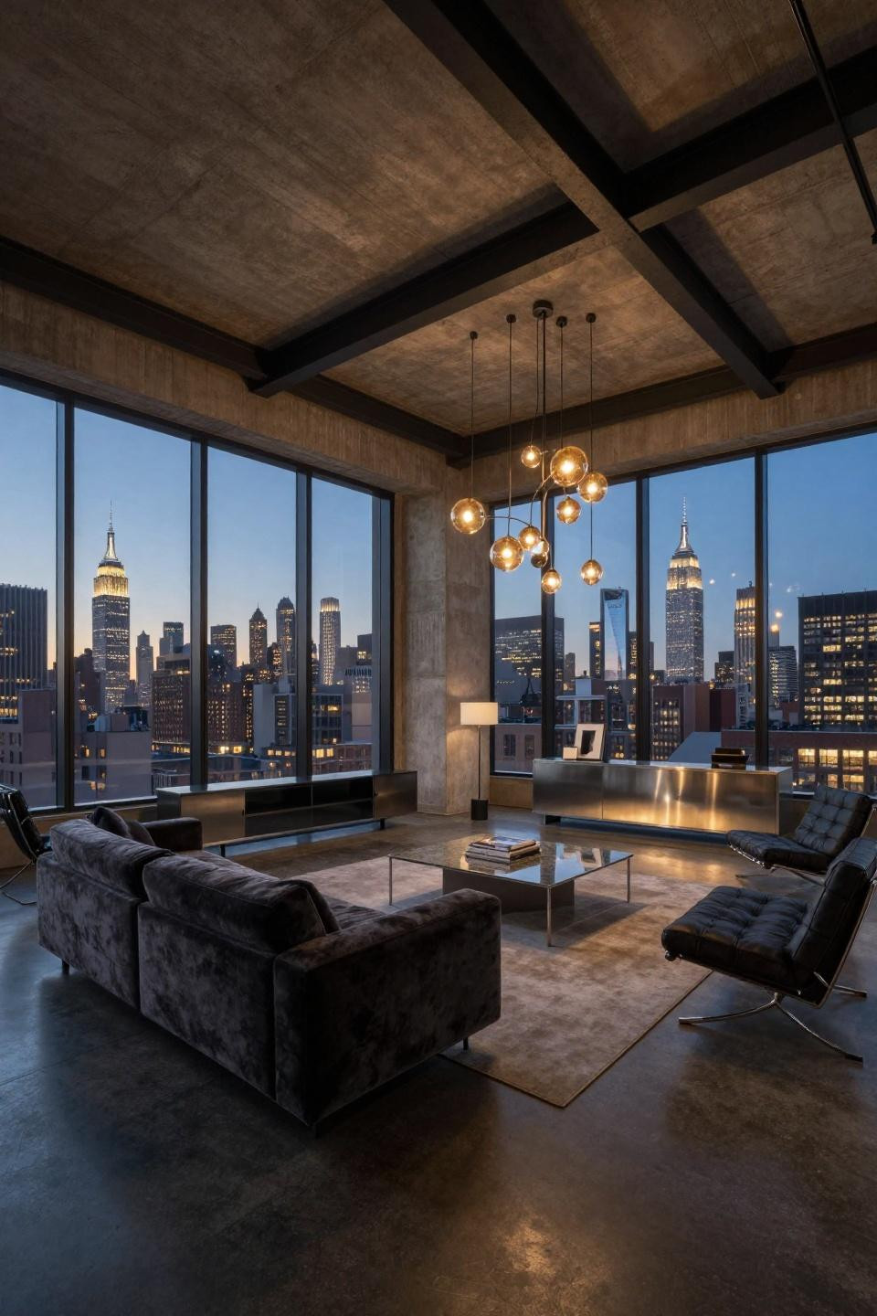 Manhattan apartment luxury with exposed concrete and mohair sectional