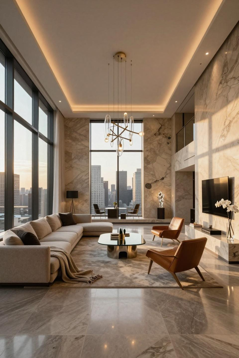 Luxury penthouse aesthetic with book-matched limestone entertainment wall