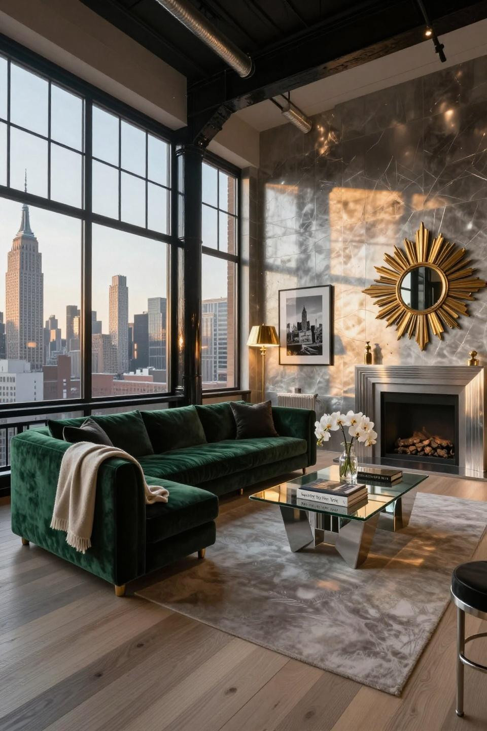 NYC penthouse luxury living room with emerald velvet sectional and Art Deco accents