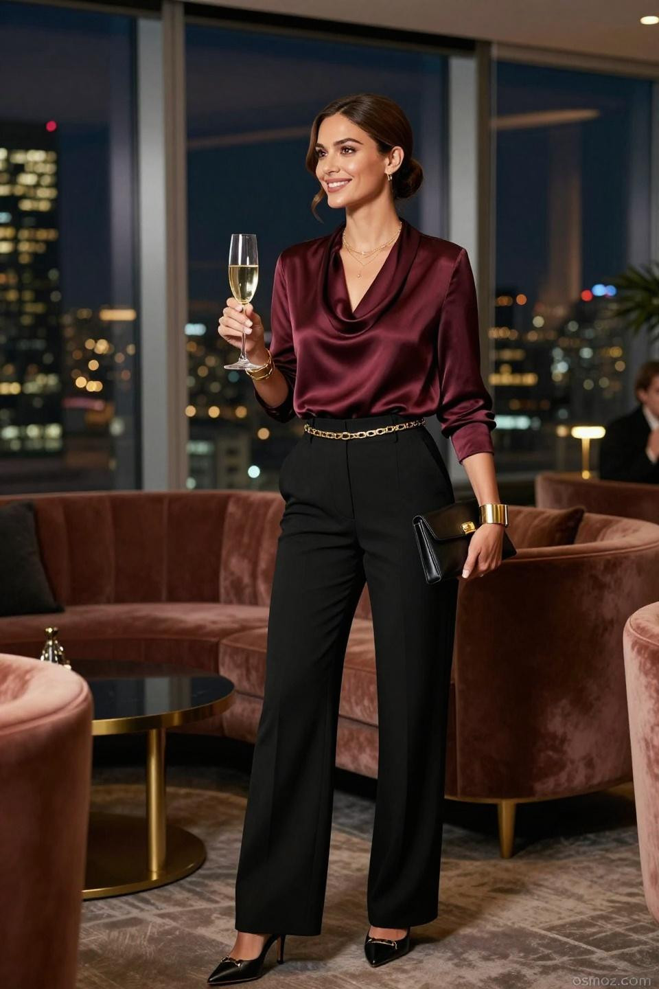 Fancy Dinner Outfit Night Classy - burgundy silk blouse black trousers