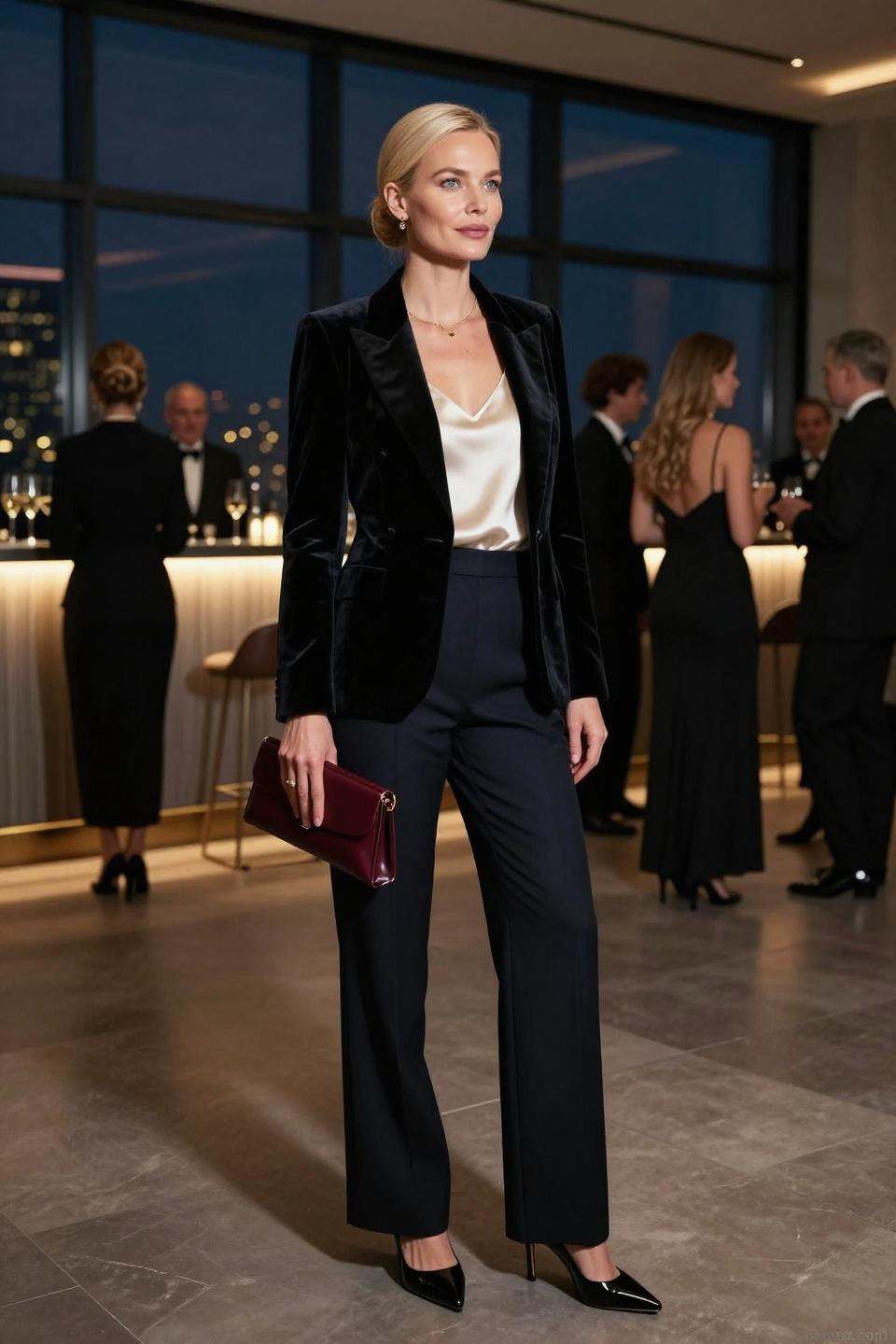 Dinner Party Outfit Classy Night - black velvet blazer ivory camisole
