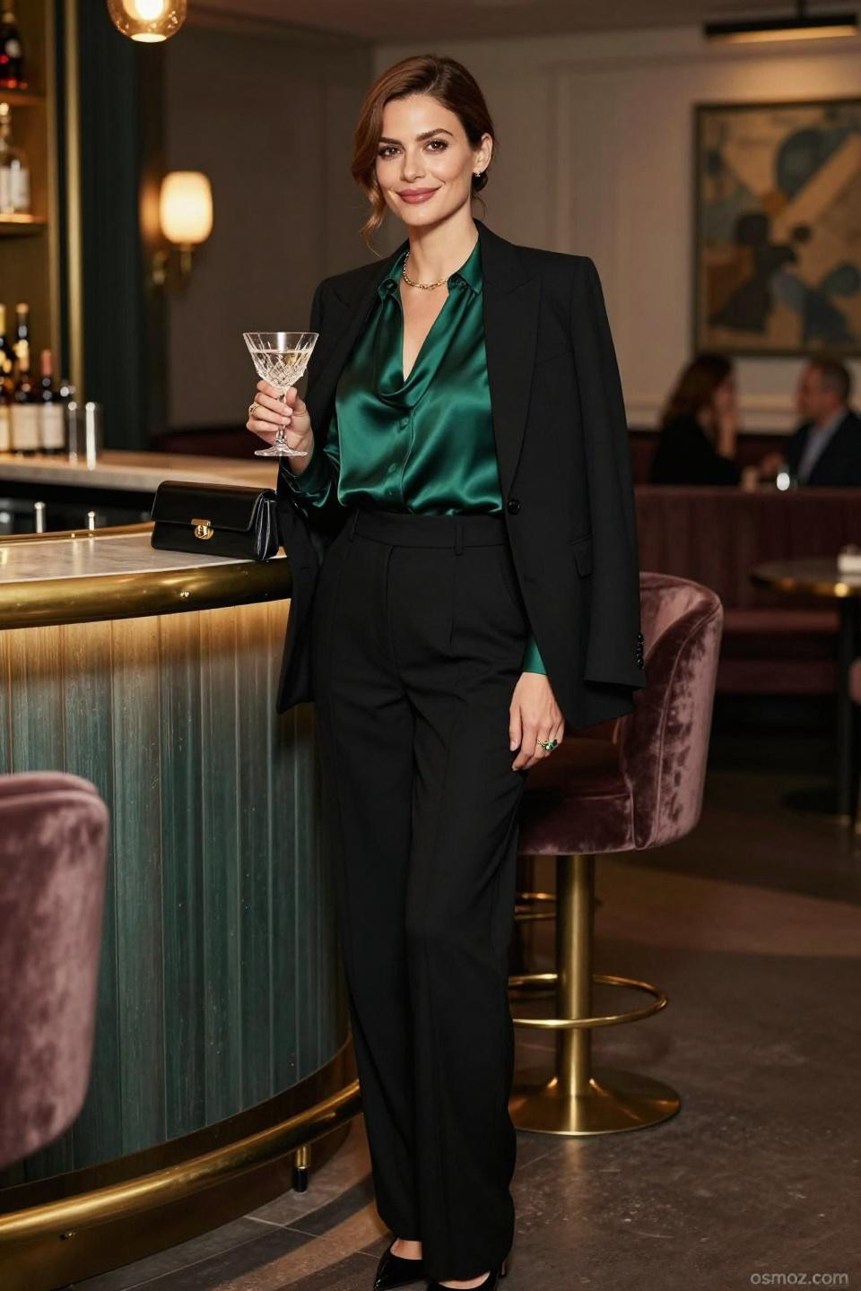 Corporate Dinner Outfit Night - emerald blouse black trousers blazer
