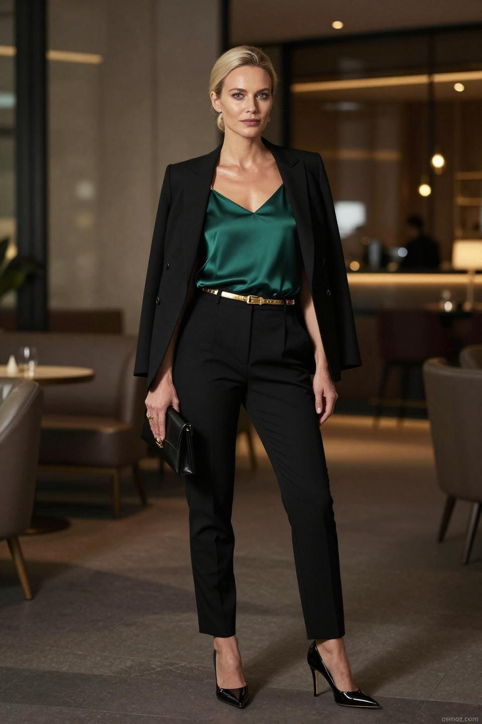 Cocktail Party Outfit Classy Chic - emerald silk camisole black trousers