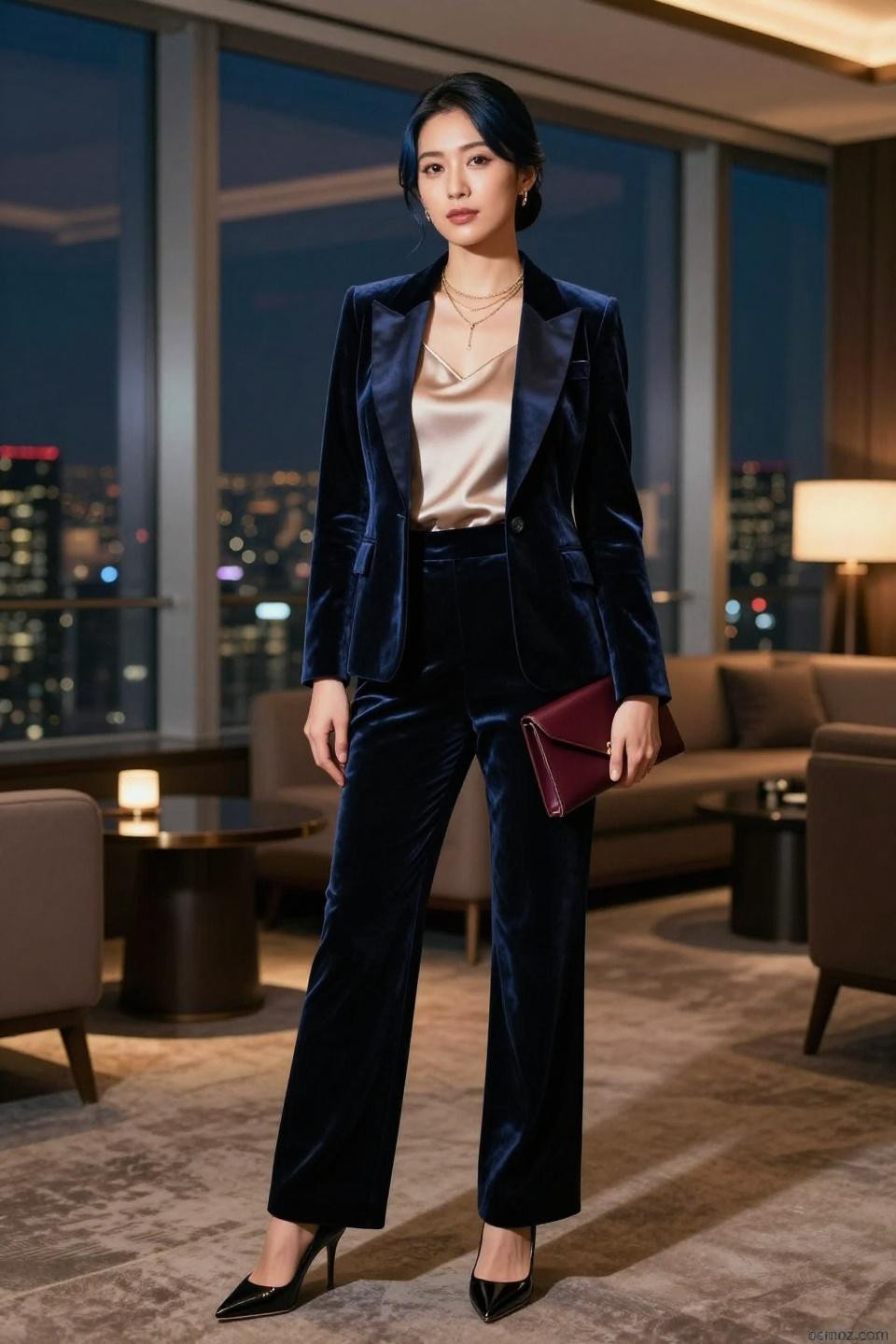 Office Party Outfits Women - navy velvet blazer champagne camisole