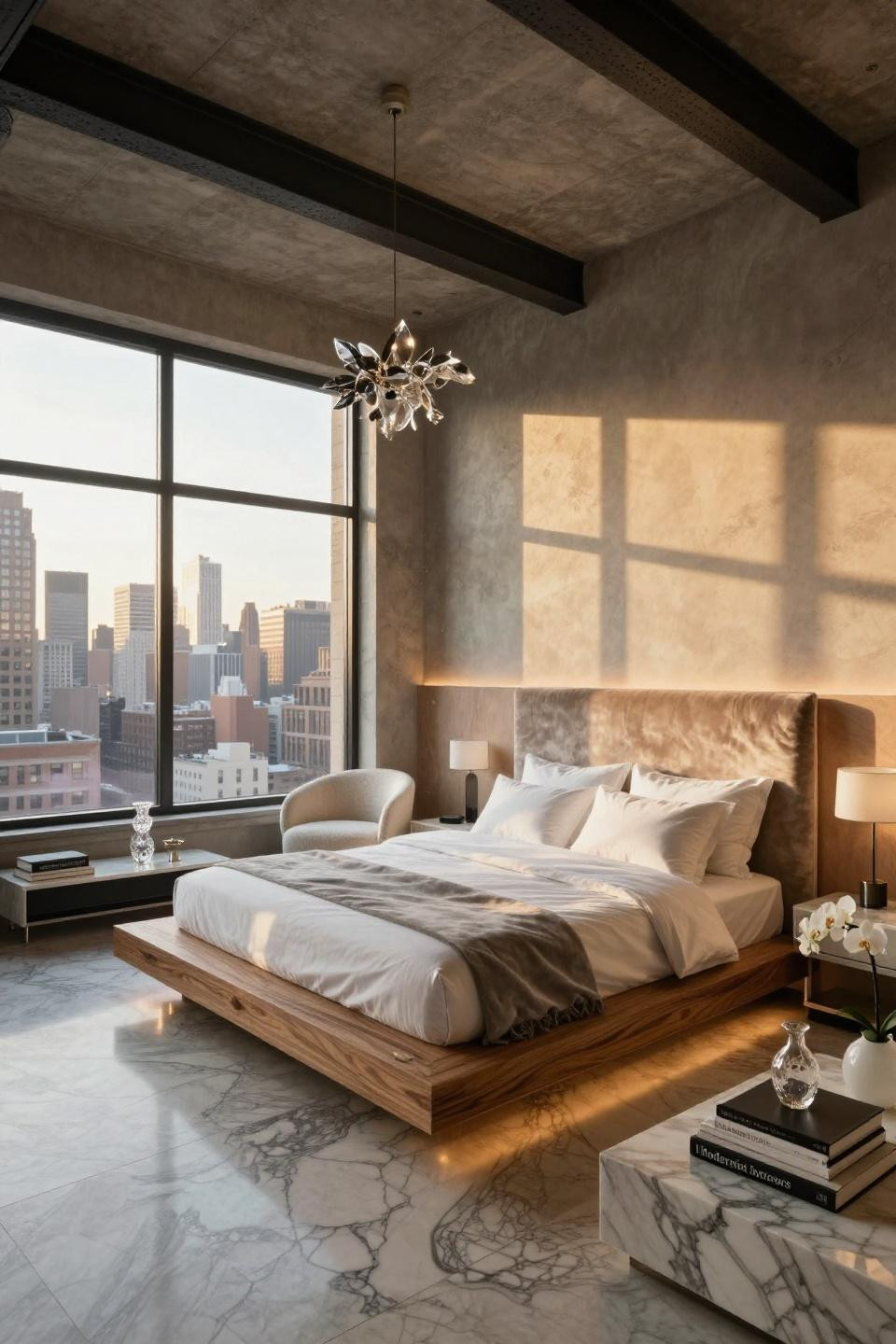 Luxury penthouse apartment with bleached ash bed and silk velvet headboard wall