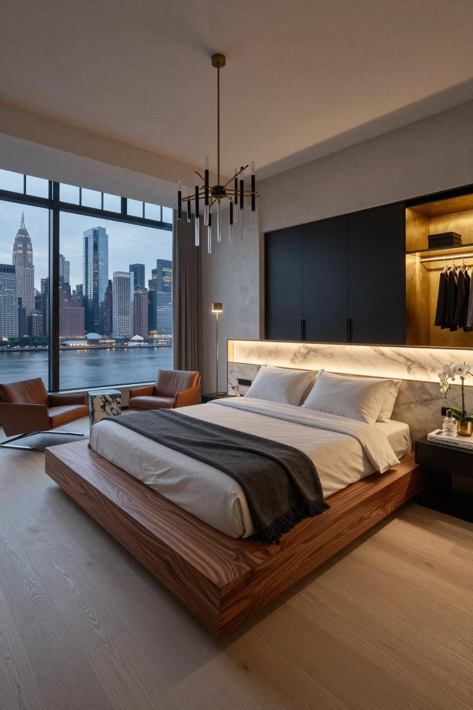 Cozy penthouse apartment with Brazilian rosewood bed and onyx headboard
