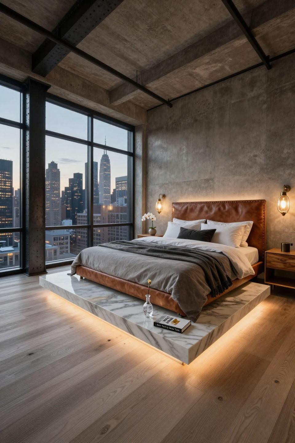 Luxury penthouse bedroom with Calacatta marble floating bed at twilight