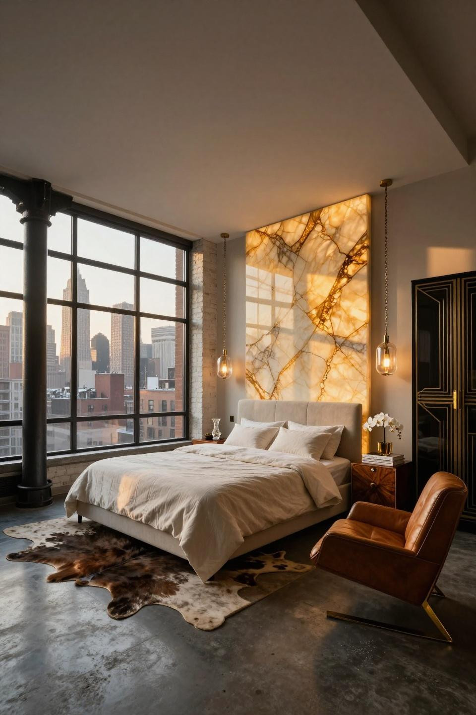 NYC penthouse aesthetic with backlit honey onyx and Art Deco brass details