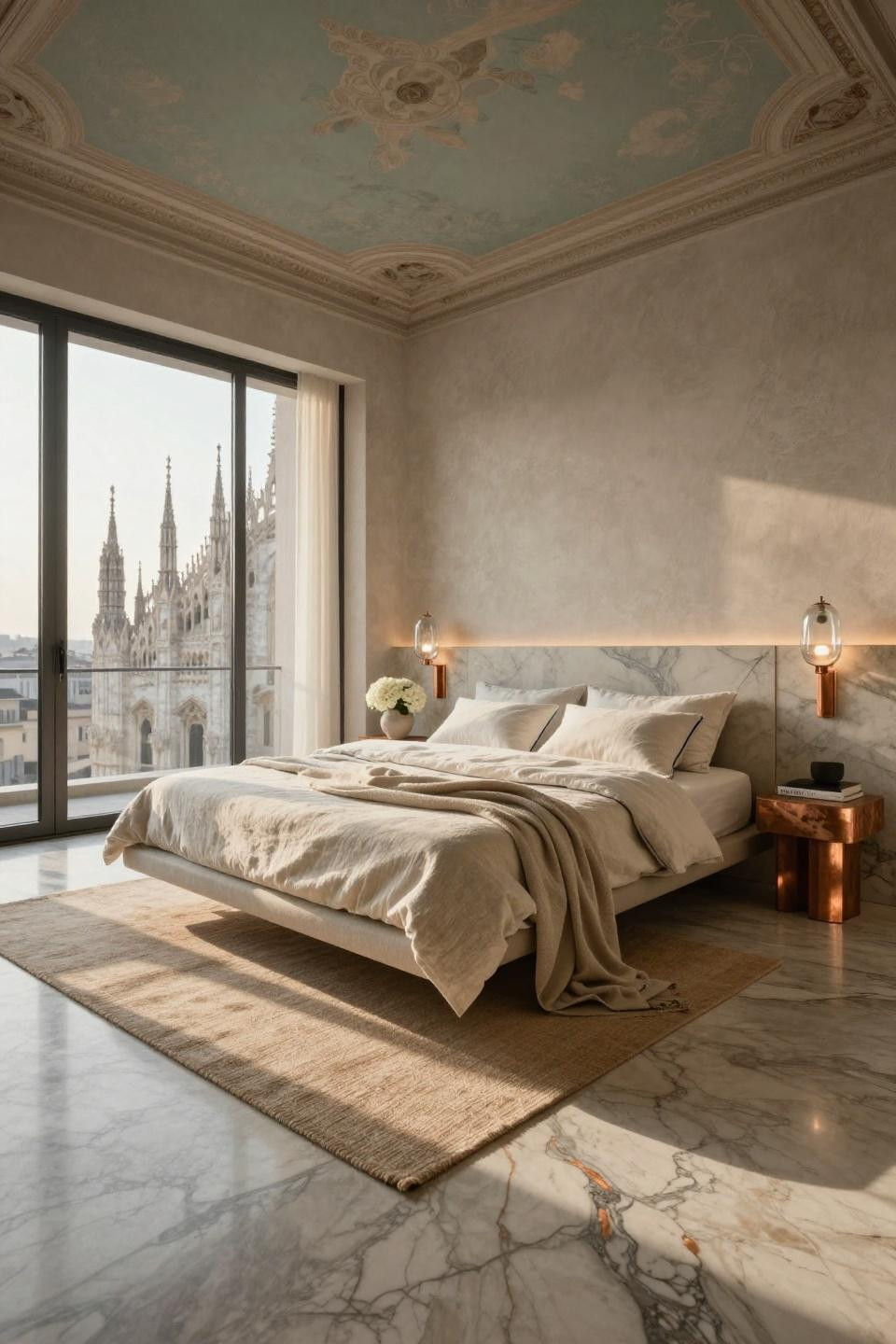 Luxury bedroom master with quartzite platform bed and copper lighting channels