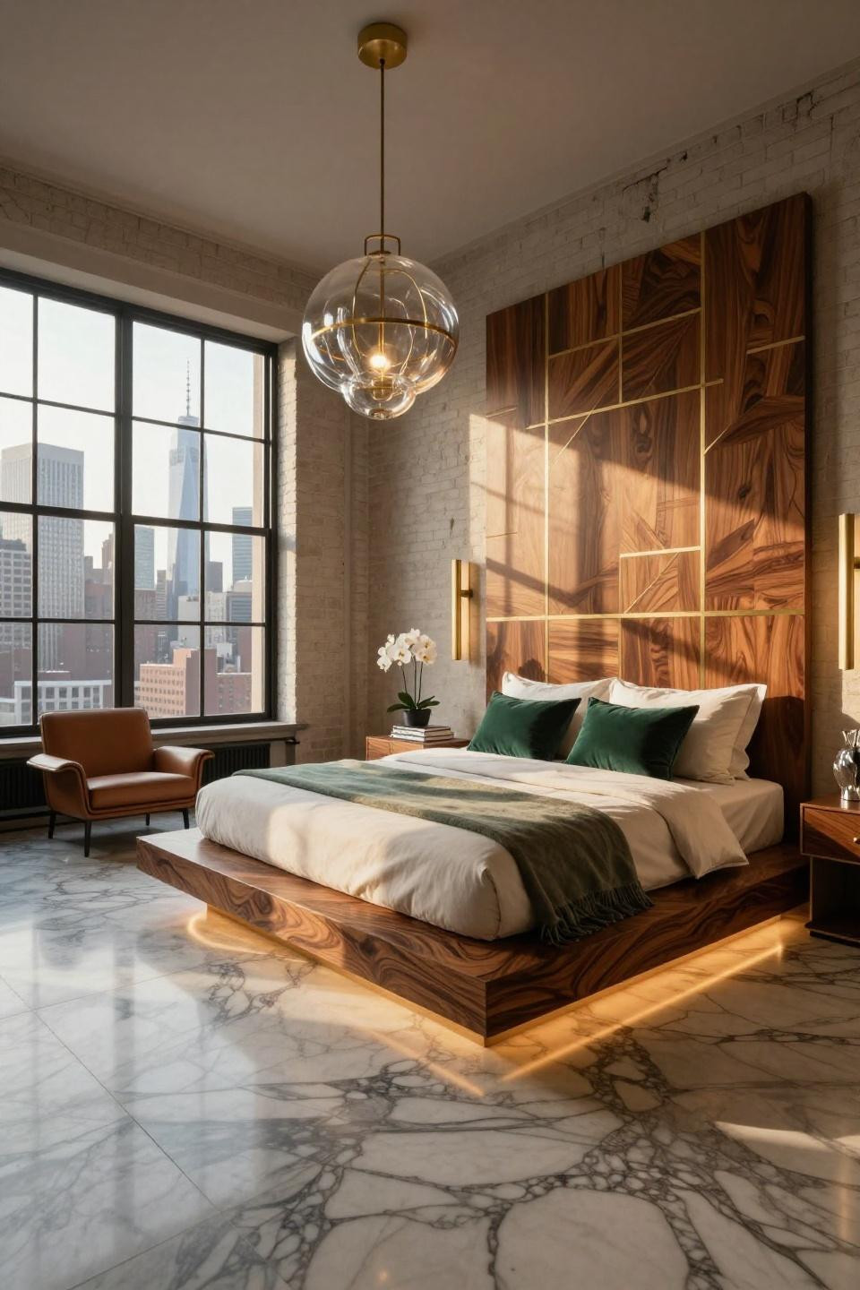 Cozy penthouse apartment with floating walnut bed over marble flooring